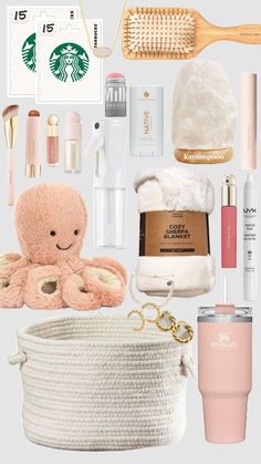 the contents of a starbucks gift set including an octopus, coffee mug, and other items