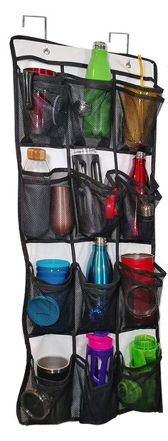 an over the door hanging organizer holds cups, bowls, and other items in black mesh bags