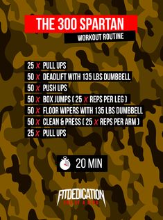 the 30 spartan workout routine is shown in red, white and black camouflage print with instructions for