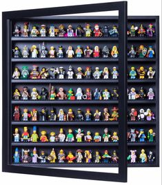 a display case filled with lots of lego minifigure action figures on black shelves