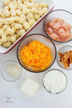 the ingredients to make this appetizer include carrots, cheese and bacon in bowls