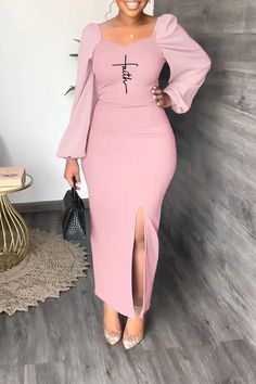 Street Print High Opening Square Collar Pencil Skirt Dresses Pink Street, Chiffon Sleeves, Pencil Skirt Dress, Split Maxi Dress, Dresses By Length, Dresses Dresses, Print Chiffon, Long Maxi Dress, Dresses Casual