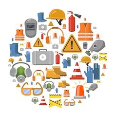 various safety equipment arranged in a circle on a white background - miscellaneous objects / business conceptual