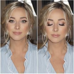 two pictures of a woman with blonde hair and makeup