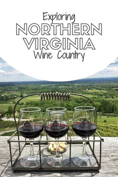 three glasses of wine sitting on top of a metal rack with the words explore northern virginia wine country