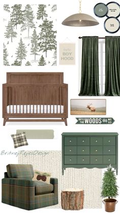 a baby's nursery room with green furniture and trees on the wall in it