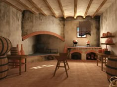 an old fashioned kitchen with stone oven and wood stoves in the center, surrounded by wine barrels