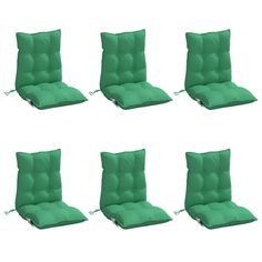 set of six green outdoor cushions with zippered ties on each side and one in the middle