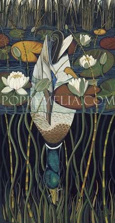 a painting of a duck floating in the water surrounded by lily pads and reeds