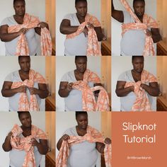 multiple pictures of a woman wearing an orange and white scarf with six different ways to tie it