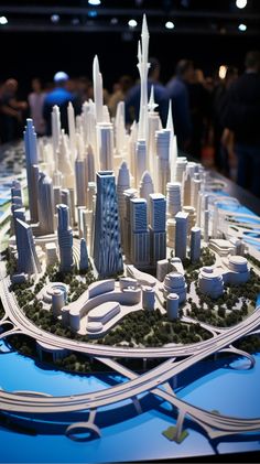 a model of a city with skyscrapers and roads on display at a convention or exhibition