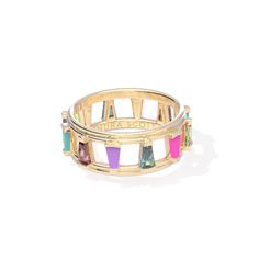 Amp up your accessory game with the Kelsey Gold Band Ring in Multi Mix. Bold yet versatile, this gold ring is embellished with enamel and colorful stones that’ll truly match any fit. It’s the pretty pop of color you’ll instantly obsess over (and everyone will ask you about). Colorful Rings, Swimsuit Jewelry, Mixed Metal Rings, Colorful Stones, Julie Vos, Drinking Accessories, Vacay Outfits, Jeweled Earrings, Sneaker Slippers