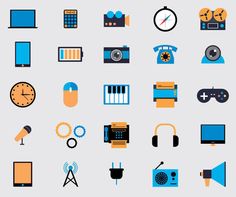 a collection of different types of electronics and gadgets on a gray background with blue accents