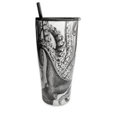 The Lucy Chrome Stainless Steel Insulated Tumbler by Caskata features a detailed black and white octopus illustration that gracefully wraps around its stainless steel surface, complete with a black straw. Tumbler Wrap Template, Everyday Glasses, Entertaining Gifts, The Octopus, Diy Tumblers, 30 Oz Tumbler, Cold And Hot, Cute Cups, Home Candles