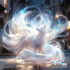 an animated image of a white dog with long, flowing hair and glowing lights in the background