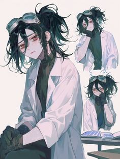 an anime character with long black hair and goggles sitting on a bench, holding his hands to his face