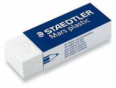 a blue and white eraser with the words staedtler mark's plastic on it