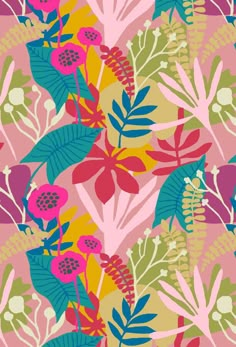 an abstract floral pattern with leaves and flowers in pink, green, red, yellow and blue colors