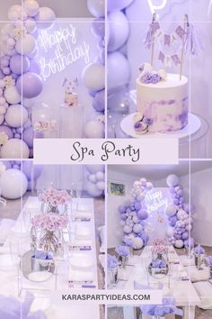 purple and white birthday party with balloons, cake, candles and desserts on tables