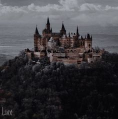 an old castle on top of a hill surrounded by trees and clouds in the sky