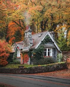 a house in the woods with autumn foliage around it