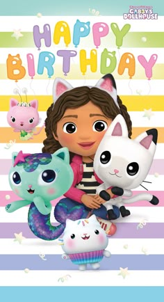 a girl holding two stuffed animals in front of a birthday card