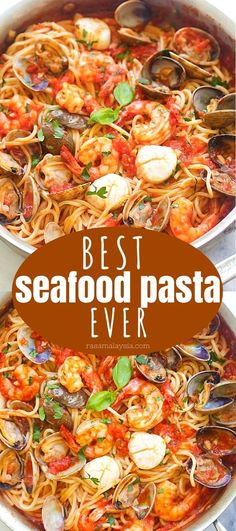 two pans filled with seafood pasta on top of a white plate and the words best seafood pasta ever