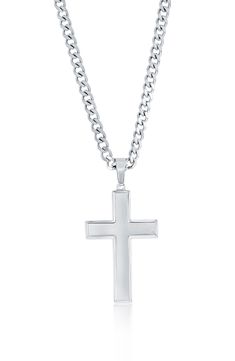 A polished cross pendant suspends from a curb chain for a timeless piece you can wear on the daily. 24" length; 1 1/2" pendant Goldtone plate/stainless steel Imported Silver Cross Necklace Mens, Silver Cross Necklace With Curb Chain, Stainless Steel Cross Necklace With Curb Chain, Mens Cross Chain, Boys Necklaces, Boys Cross Necklace, Cross Necklace Mens, Boys Necklace, Mens Crosses