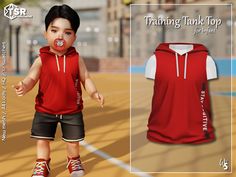 an image of a young boy wearing a red shirt and shorts with the words training tank top on it