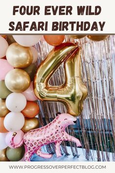 Safari Birthday Party Decorations Fourth Birthday Party Ideas, Lion Pinata, Lion Themed Birthday Party, Girl Safari Party, Four Ever Wild, Cheetah Party, Safari Party Decorations