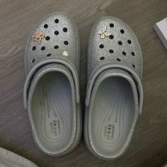 Silver Glittery Platform Crocs Size Women’s Six Comes With Gibbets And Brand New Crocs Pins, Platform Crocs, Shoes Silver, Women's Crocs, Silver Shoes, Crocs Shoes, Silver Glitter, Glitter, Size 6