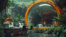 a futuristic office in the middle of a jungle with mirrors and desks on it