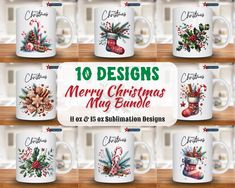 coffee mugs with christmas designs on them and the words 10 designs merry christmas my bundle