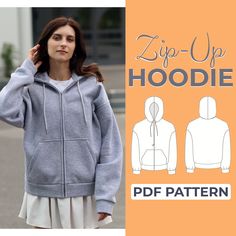 a women's zip - up hoodie sewing pattern is shown in front of an orange background