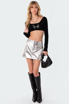 Mini Skirt Front-button closure Metallic finish Pockets Faux Leather Model wears size S Model height is 5'7 Item care: Hand wash Hoco Party, Girly Y2k, Leather Miniskirt, Open Back Crop Top, Nye Fashion, Fashion Bible, Preppy Style Summer, Metallic Skirt, Swimwear Dress