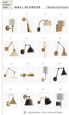 wall sconces and lamps in different styles, from the top to bottom with names on them