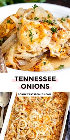 a white plate topped with onion rings next to a casserole dish filled with onions