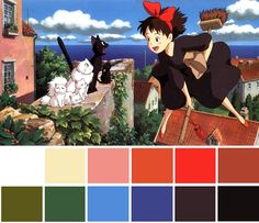 Hayao Miyazaki Color Palettes, Film Palette, Movie Color Palette, Color Design Inspiration, Color Script, Kiki Delivery, Kiki's Delivery Service, Princess Coloring