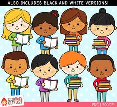 children holding books clipart set with text also includes black and white versions for commercial use