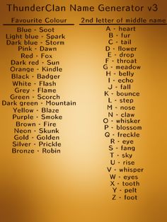 the thunder clan name generator v3 is shown in black and gold colors with an orange background