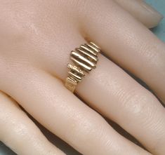 This unusual gold ring has a bark pattern around the shank and graduated bars running across the top of the ring. The bars are textured and a little uneven in order to give an organic look to the design. It's hallmarked 9ct gold and weighs 3.4 grams. It's a size P at the moment (US size 7,1/2) but I can size it up or down a little without further cost. It's finished as new and so would be suitable as a gift. Organic Gold Ring, Wedding Ring Finger, Etsy Gold Ring, Cluster Earrings, Perfect Ring, Signet Ring, Gold Style, Rings Statement, Gold Bands