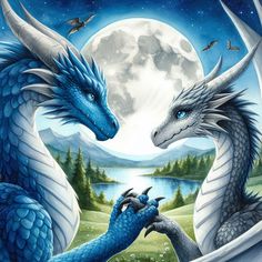 two blue dragon are facing each other in front of a full moon and water scene