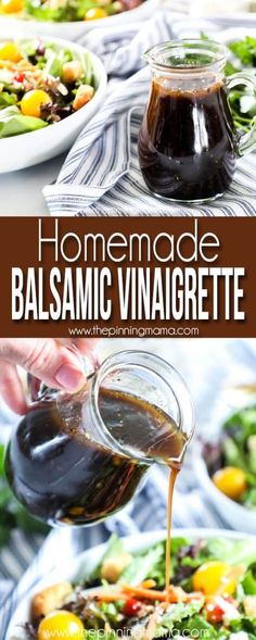 homemade balsamic vinaigrete is being poured onto a salad