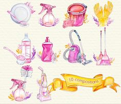 a watercolor drawing of various items used for cosmetics