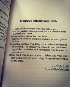 an open book with the text marriage advice from 1876