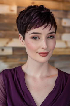 Feathered pixie cut with sleek, polished styling and soft layers. Pixie From The Back, Women’s Pixie Cut, Short Hair Back View Pixie, Short Hair Color Trend 2024, Short Haircut Color, Feathered Pixie, Pixie Hair Color, Short Hair Back, Layered Bob Haircuts