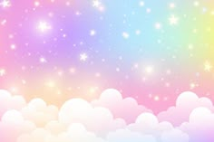 the sky is filled with stars and clouds in pastel colors, as well as white fluffy clouds