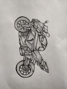 a drawing of a person on a motorcycle with gear attached to the front wheelie