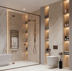 a modern bathroom with marble walls and flooring, lighted by recessed lighting in the shower area