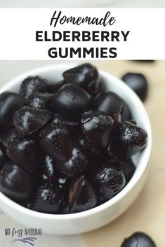 homemade elderberry gummies in a white bowl